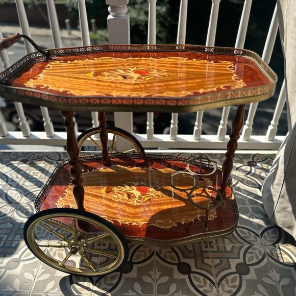Bar Cocktail Tea Cart Trolley Beverage Italian 1950 Hollywood Regency Marquetry - Picture 9 of 9